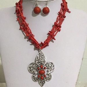 Silver tone fleur de Lis pendant red necklace set